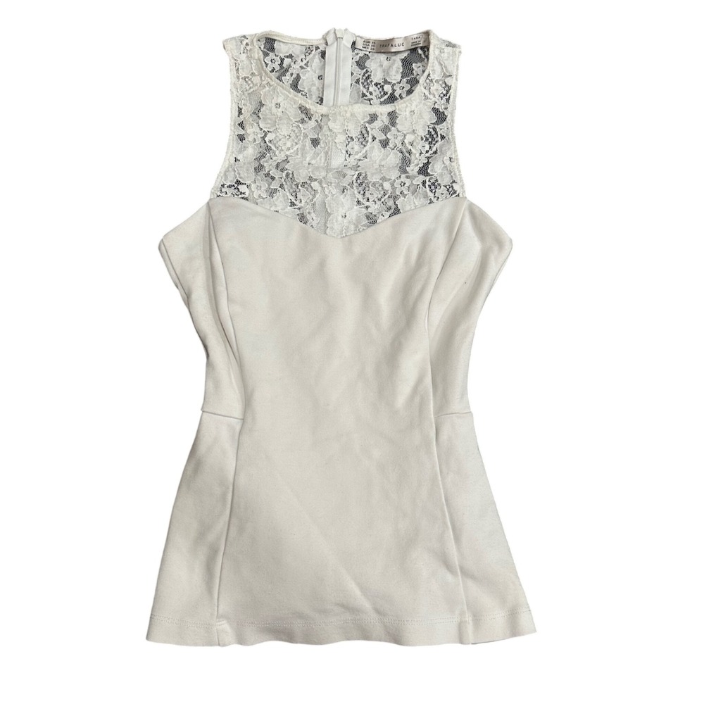Zara Trafaluc White Lace Peplum Sleeveless Top XS Floral Illusion Neckline